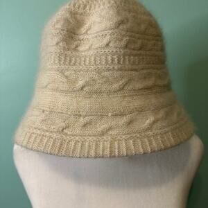 Nine West Rabbit Wool Blend Braided Knit Hat White Cream‎ Gold Accents Winter